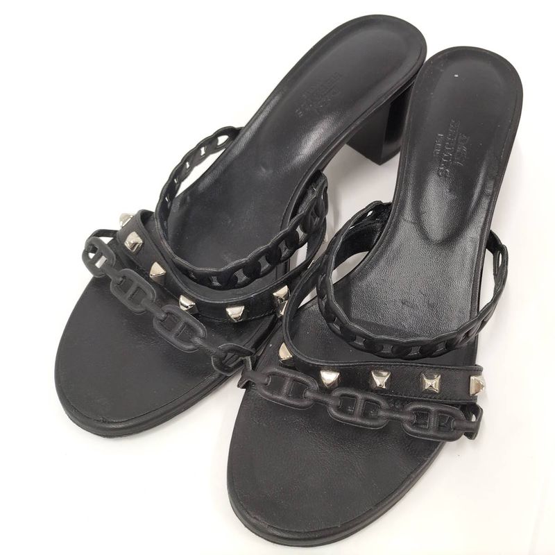 Hermes Sandals Ajaccio Chaine D'ancre Leather Black Size 38