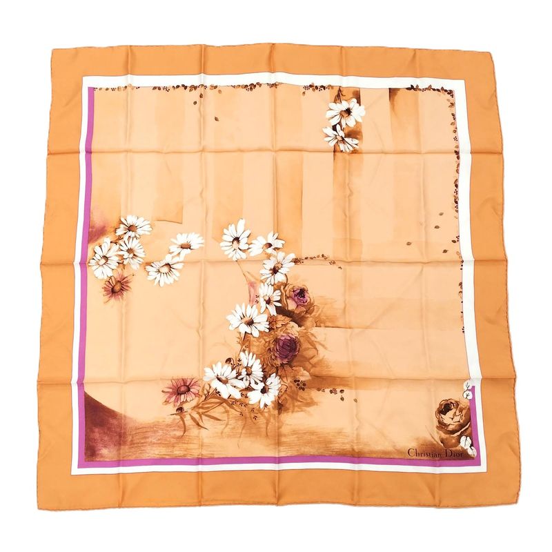 Christian Dior Large Scarf Floral Motif 100% Silk Orange