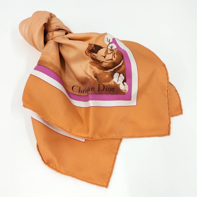 Christian Dior Large Scarf Floral Motif 100% Silk Orange