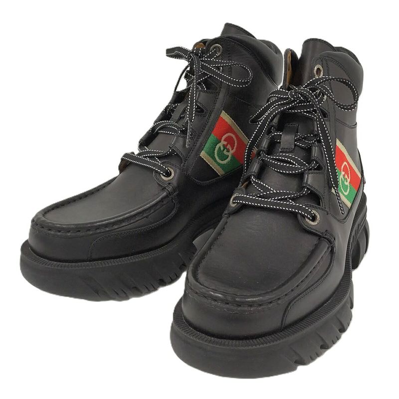 Gucci Ankle Boots Interlocking G Lace Up Short Boots Size 5 1 2 Leather Black