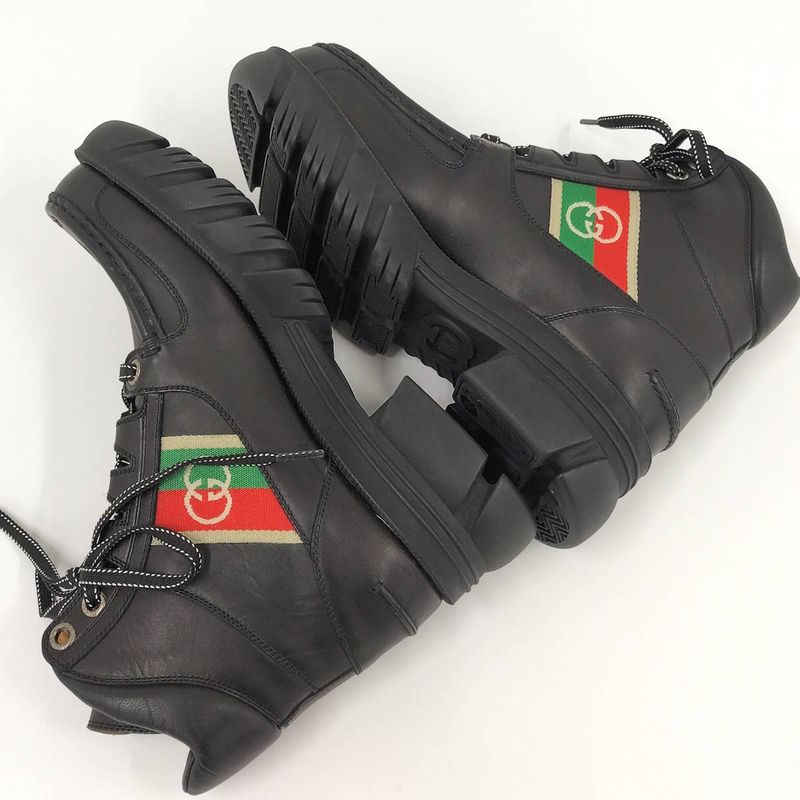 Gucci Ankle Boots Interlocking G Lace Up Short Boots Size 5 1 2 Leather Black