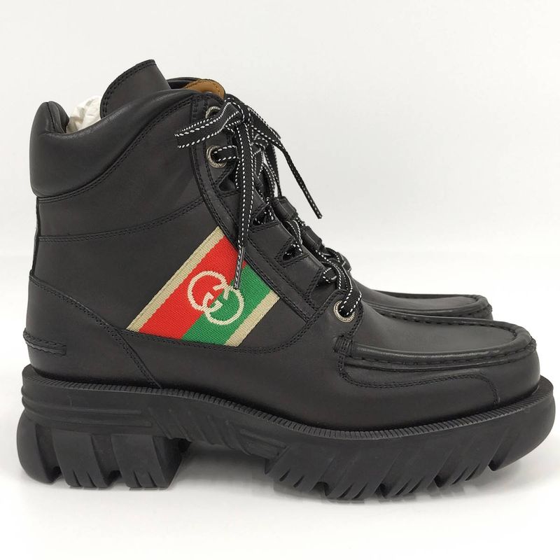 Gucci Ankle Boots Interlocking G Lace Up Short Boots Size 5 1 2 Leather Black