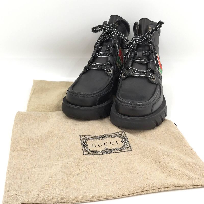 Gucci Ankle Boots Interlocking G Lace Up Short Boots Size 5 1 2 Leather Black