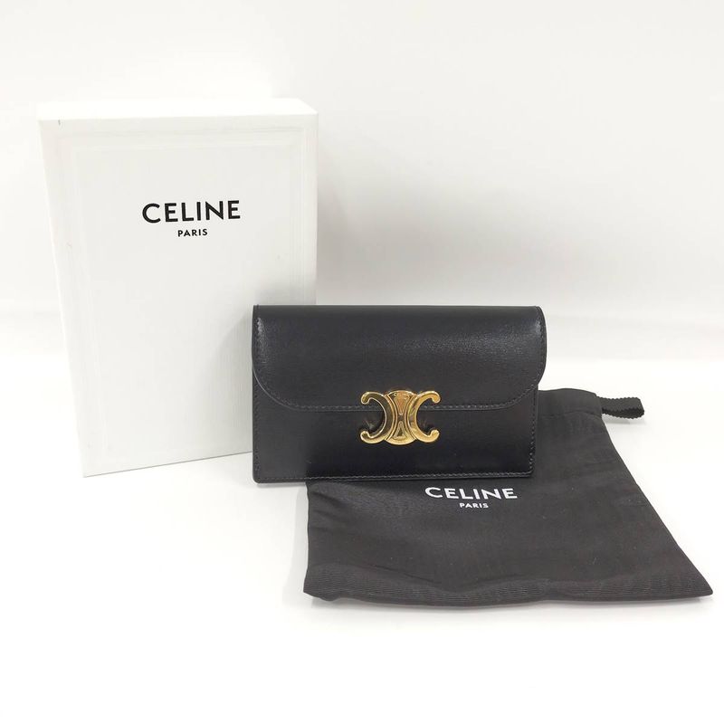 Celine Long Card Holder with Flap Leather Black 10p073dpv.38no