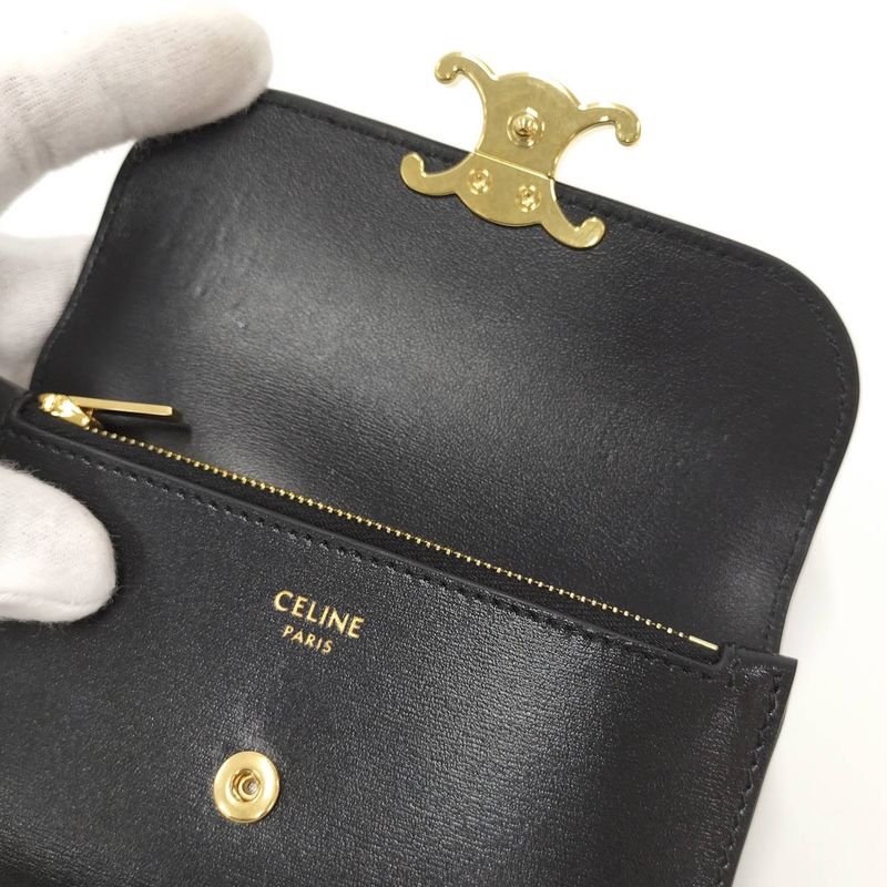 Celine Long Card Holder with Flap Leather Black 10p073dpv.38no