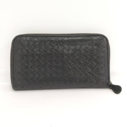 Bottega Veneta Round Zipper Long Wallet Intrecciato Leather Black