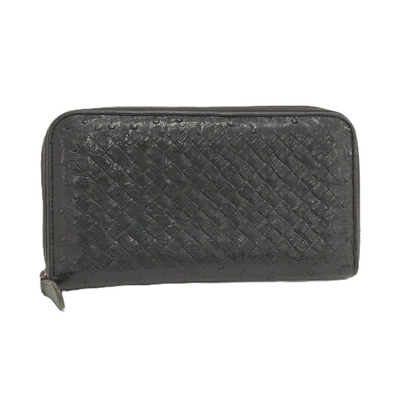 Bottega Veneta Round Zipper Long Wallet Intrecciato Leather Black