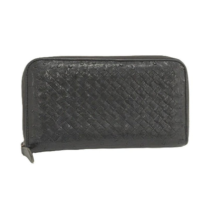 Bottega Veneta Round Zipper Long Wallet Intrecciato Leather Black