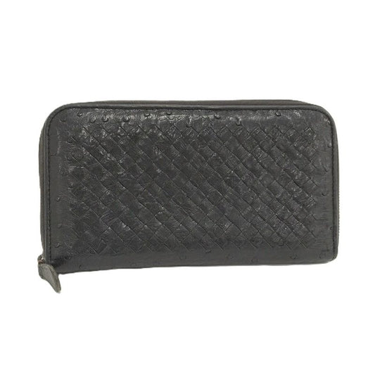 Bottega Veneta Round Zipper Long Wallet Intrecciato Leather Black