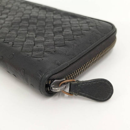 Bottega Veneta Round Zipper Long Wallet Intrecciato Leather Black