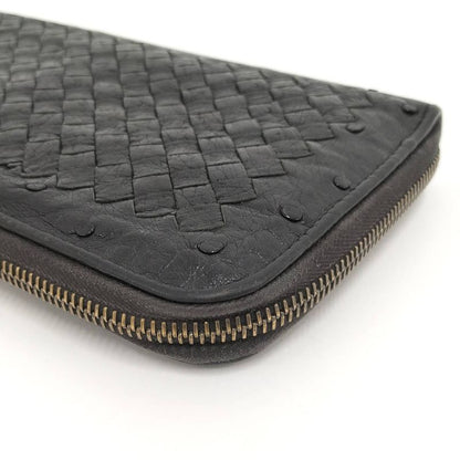 Bottega Veneta Round Zipper Long Wallet Intrecciato Leather Black