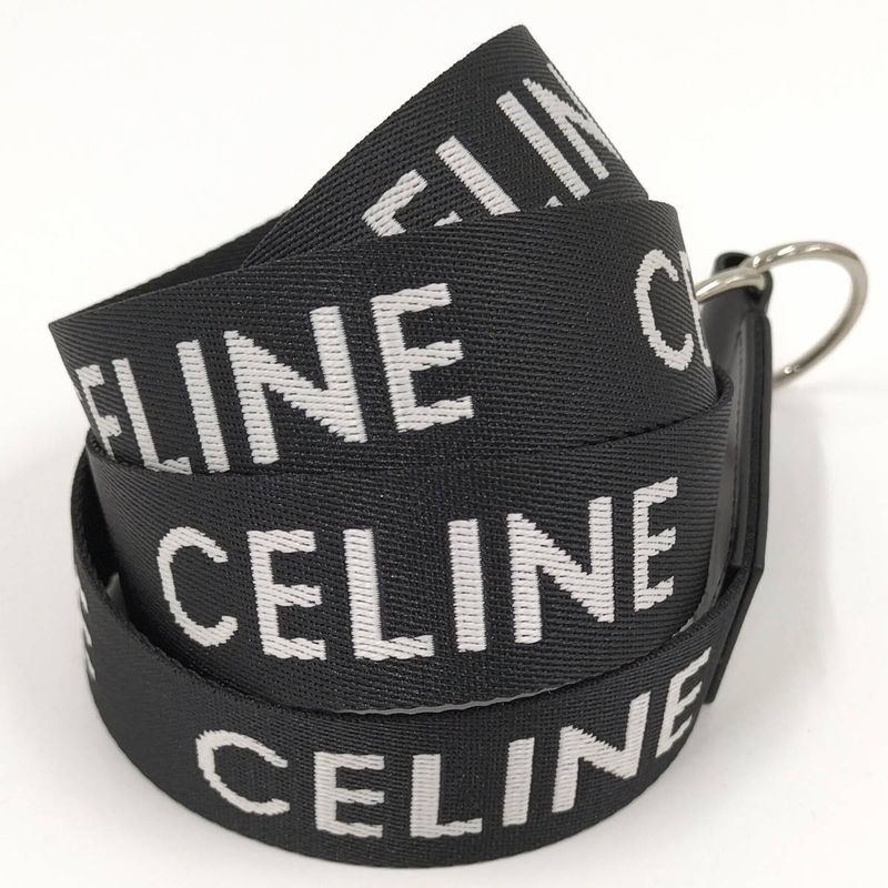 Celine Double Ring Belt Brand Logo Nylon Canvas Black White