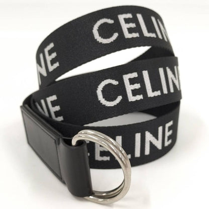 Celine Double Ring Belt Brand Logo Nylon Canvas Black White