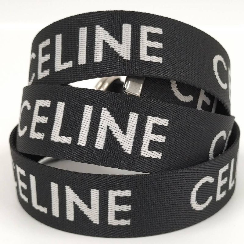 Celine Double Ring Belt Brand Logo Nylon Canvas Black White