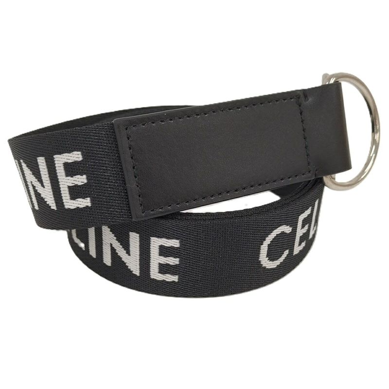 Celine Double Ring Belt Brand Logo Nylon Canvas Black White