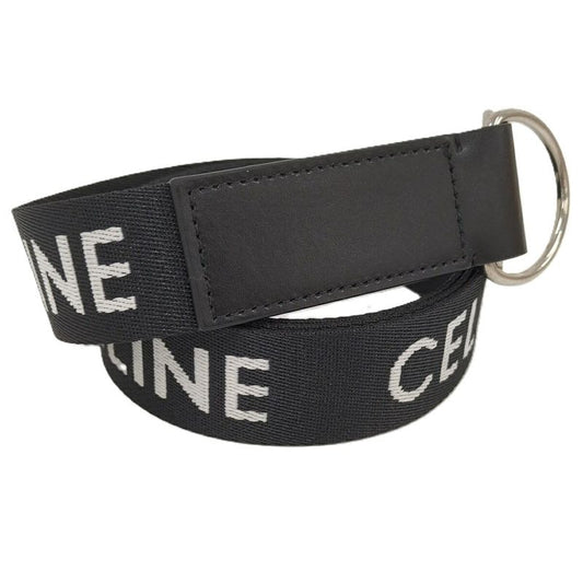 Celine Double Ring Belt Brand Logo Nylon Canvas Black White