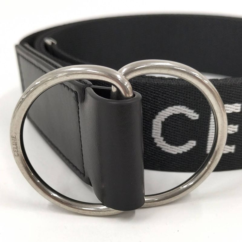 Celine Double Ring Belt Brand Logo Nylon Canvas Black White