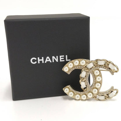 Chanel Brooch Leather Plated Pearl Rhinestone Gold B19c