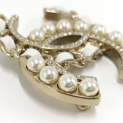 Chanel Brooch Leather Plated Pearl Rhinestone Gold B19c