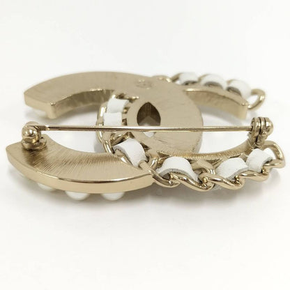 Chanel Brooch Leather Plated Pearl Rhinestone Gold B19c