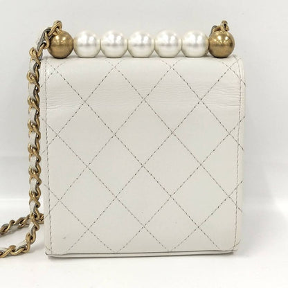 Chanel Pearl Chain Clutch Shoulder Bag Matelasse Leather White