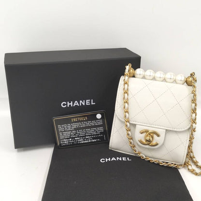 Chanel Pearl Chain Clutch Shoulder Bag Matelasse Leather White