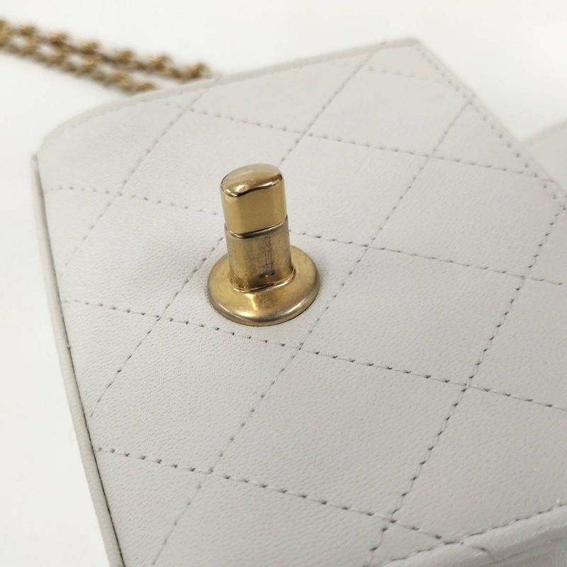 Chanel Pearl Chain Clutch Shoulder Bag Matelasse Leather White
