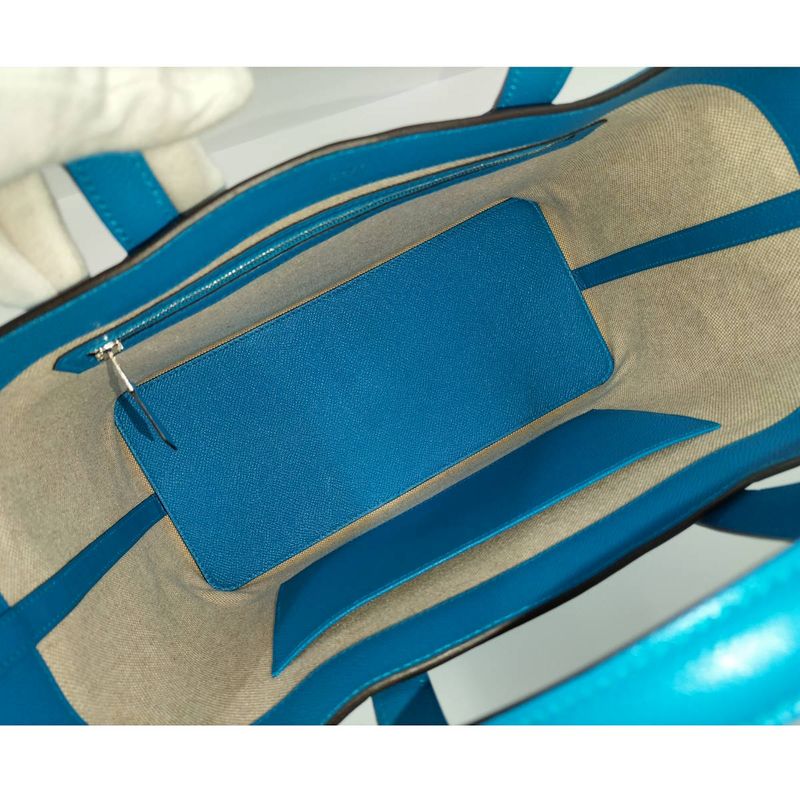 Hermes Handbag Maxi Box Cabas 30 Vaux-Ebson Leather Blue Engraved a