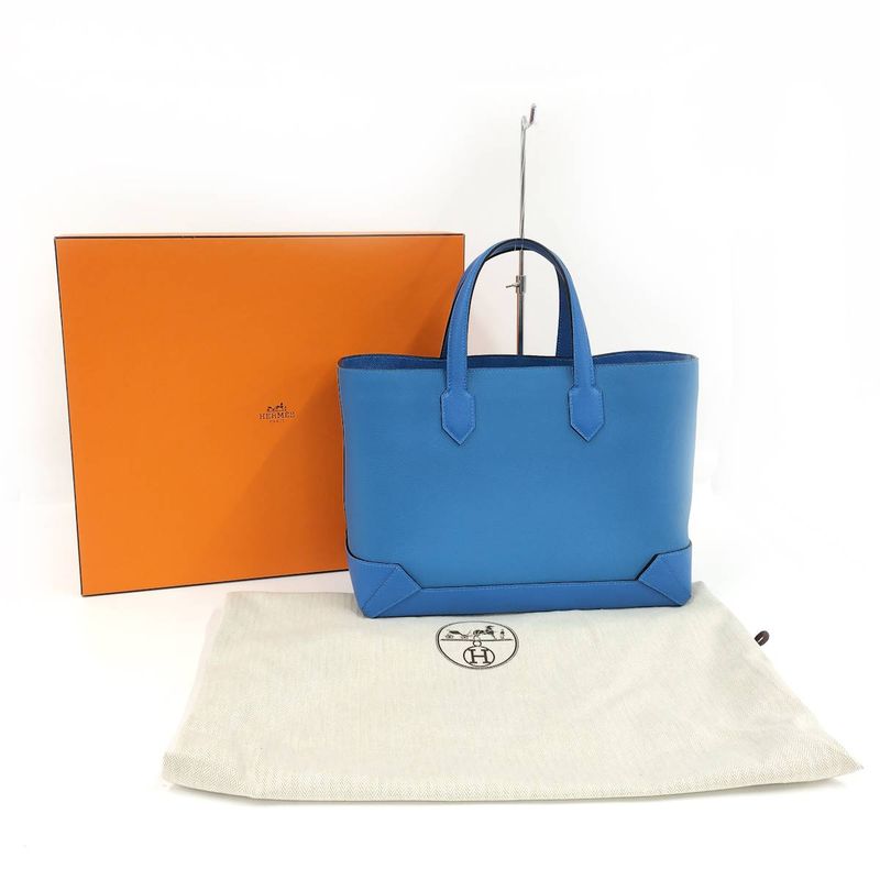 Hermes Handbag Maxi Box Cabas 30 Vaux-Ebson Leather Blue Engraved a