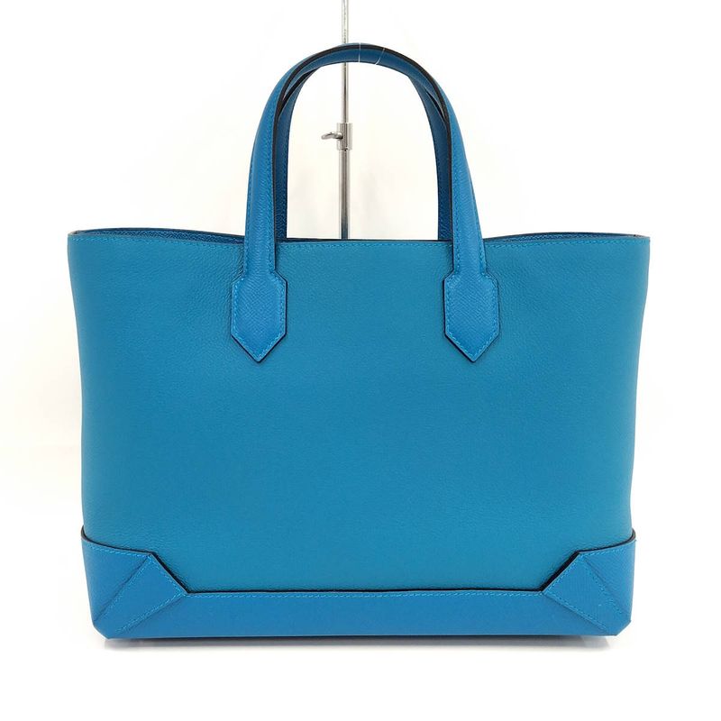 Hermes Handbag Maxi Box Cabas 30 Vaux-Ebson Leather Blue Engraved a