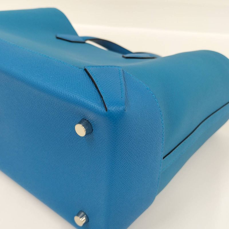Hermes Handbag Maxi Box Cabas 30 Vaux-Ebson Leather Blue Engraved a