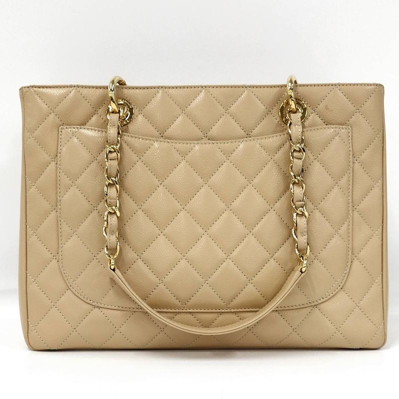 Chanel Gst Chain Tote Bag Matelasse Caviar Skin Leather Beige A50995