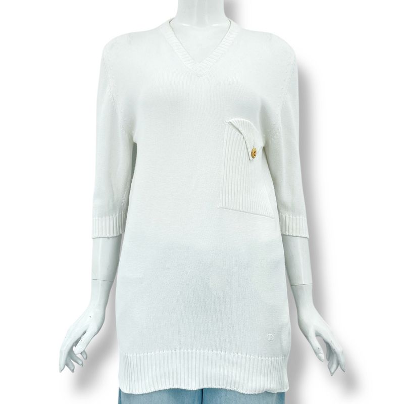 Chanel T-Shirt Knit Coco Mark Gold Button White