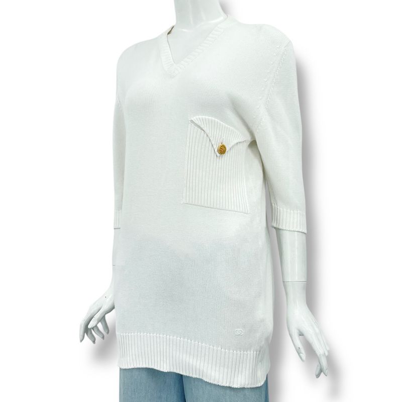 Chanel T-Shirt Knit Coco Mark Gold Button White