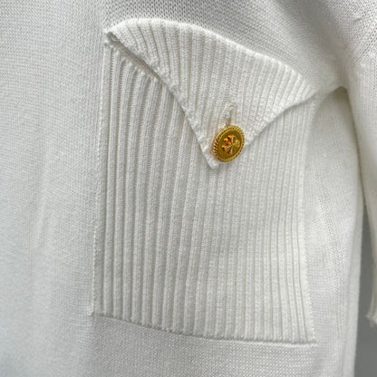 Chanel T-Shirt Knit Coco Mark Gold Button White