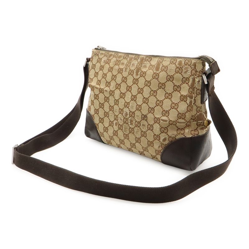 Gucci GG Canvas Shoulder Bag Messenger Bag Crossbody Leather Khaki Beige Dark