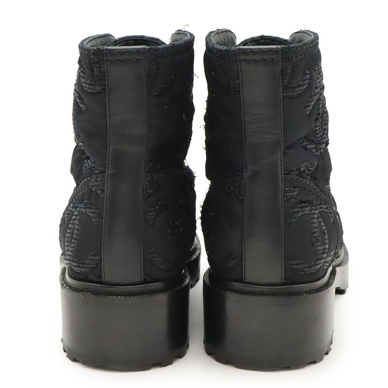 Chanel Coco Mark Short Boots Lace-Up Braided Fabric Pearl Black #38c Size