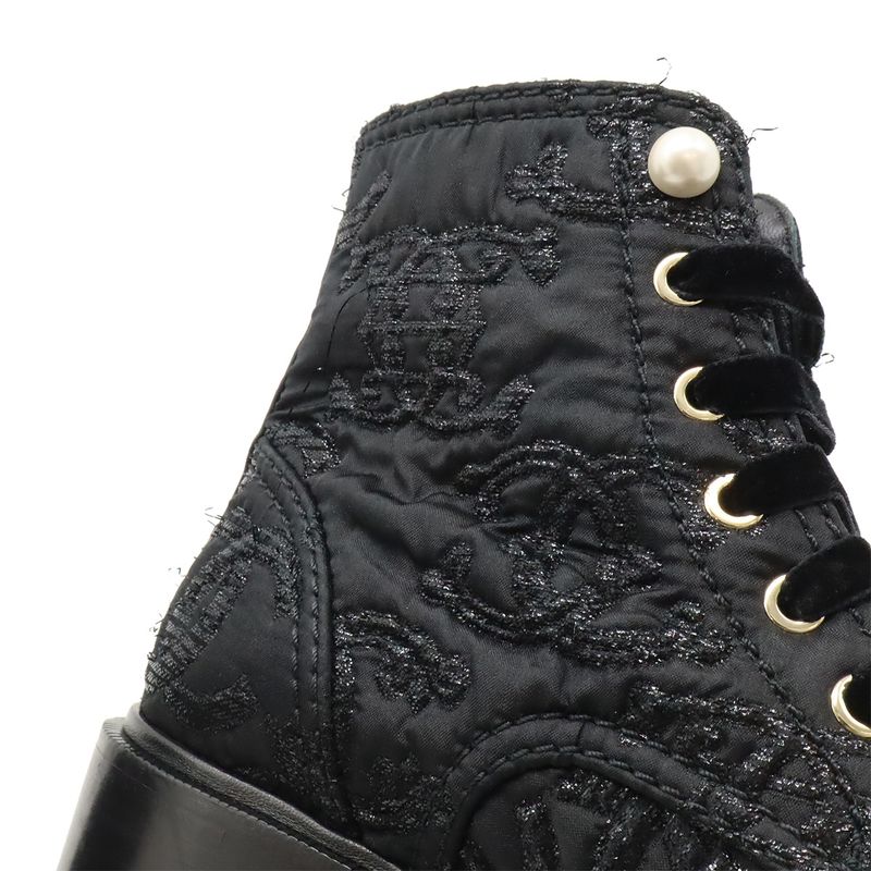 Chanel Coco Mark Short Boots Lace-Up Braided Fabric Pearl Black #38c Size
