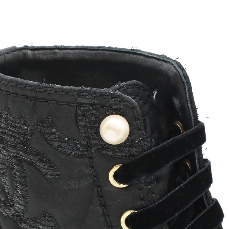 Chanel Coco Mark Short Boots Lace-Up Braided Fabric Pearl Black #38c Size