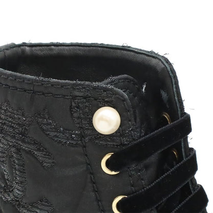 Chanel Coco Mark Short Boots Lace-Up Braided Fabric Pearl Black #38c Size