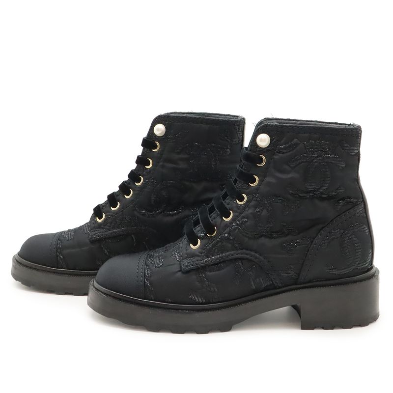 Chanel Coco Mark Short Boots Lace-Up Braided Fabric Pearl Black #38c Size