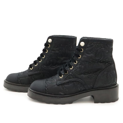 Chanel Coco Mark Short Boots Lace-Up Braided Fabric Pearl Black #38c Size