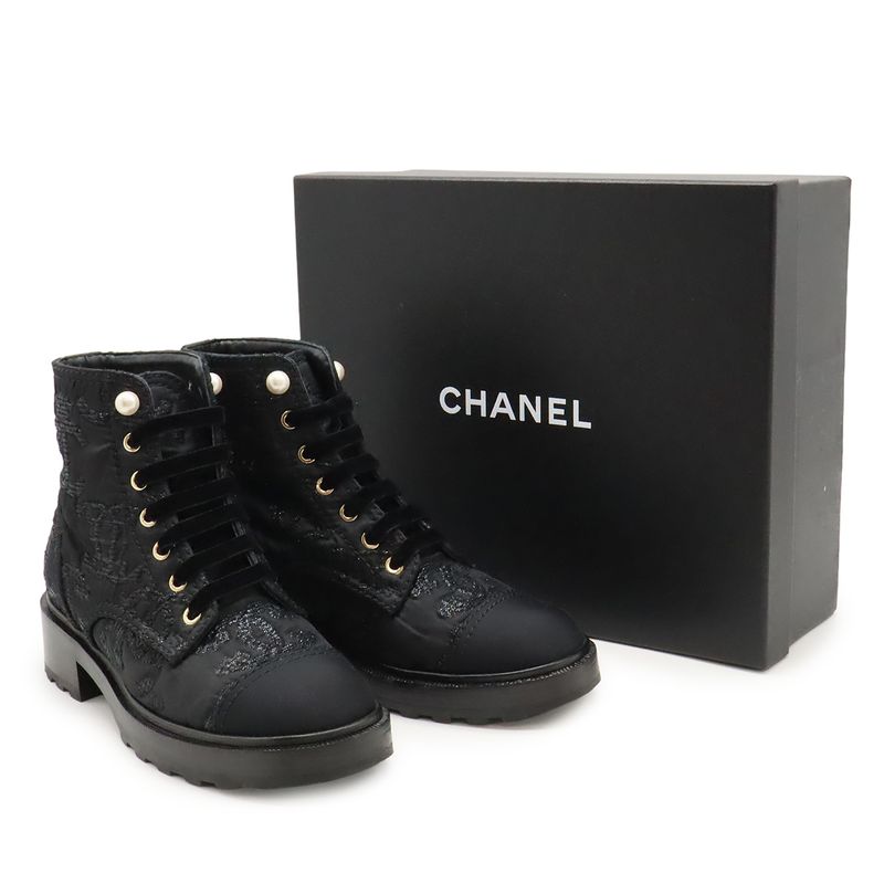 Chanel Coco Mark Short Boots Lace-Up Braided Fabric Pearl Black #38c Size