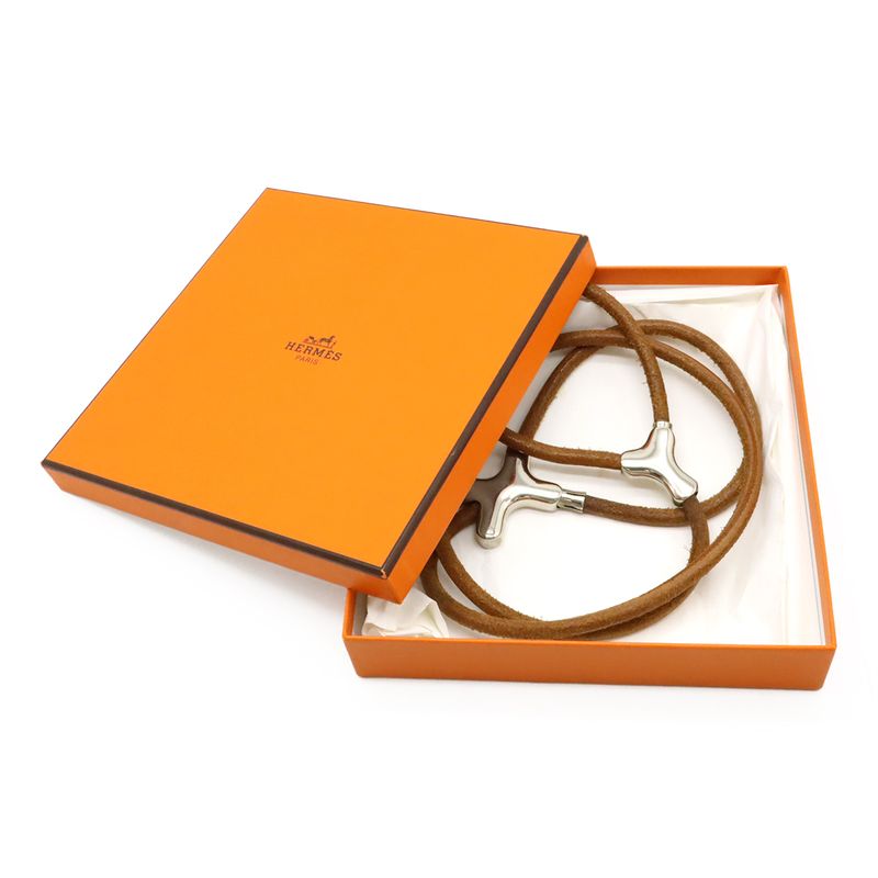 Hermes Heracleade Pet Dog Lead with Collar Walking Leather Metal Brown Silver