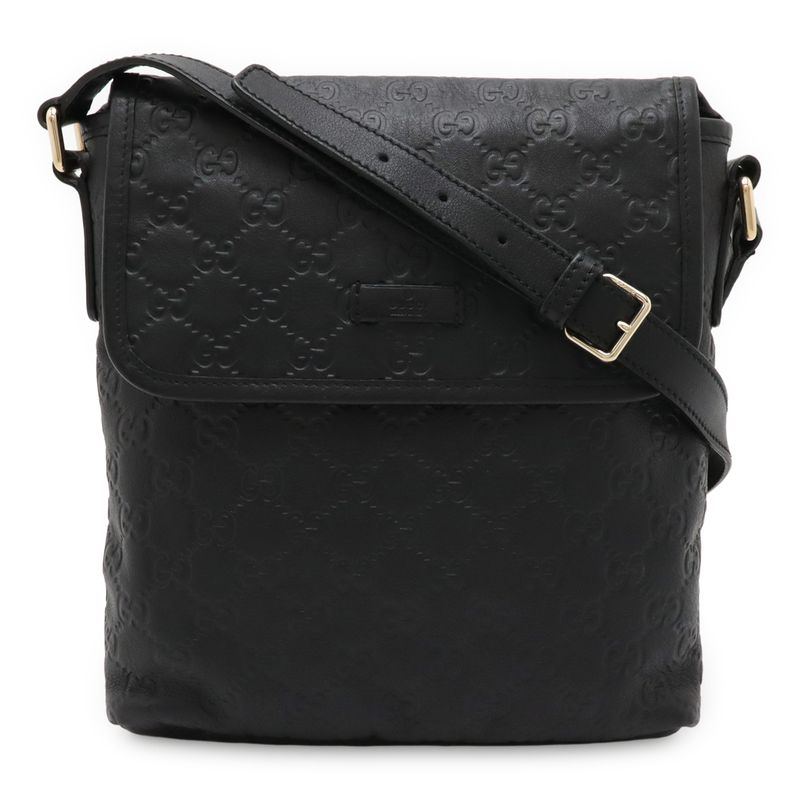 Gucci Guccissima Shoulder Bag Crossbody Black Leather Gold Hardware 223666