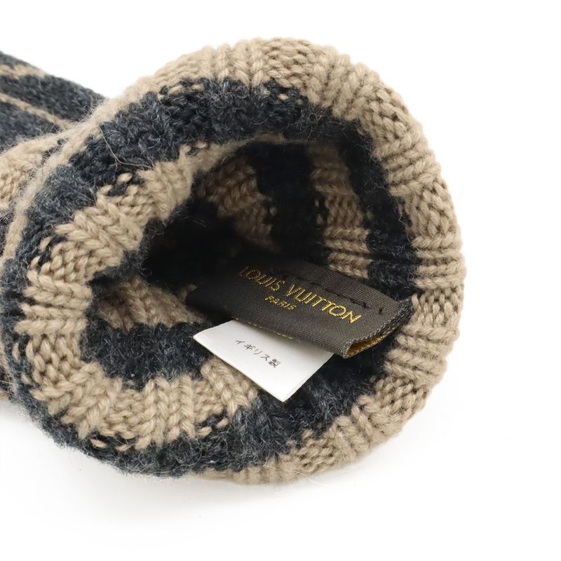Louis Vuitton Karakoram Knit Gloves 100% Cashmere Leather Gray Beige Men's