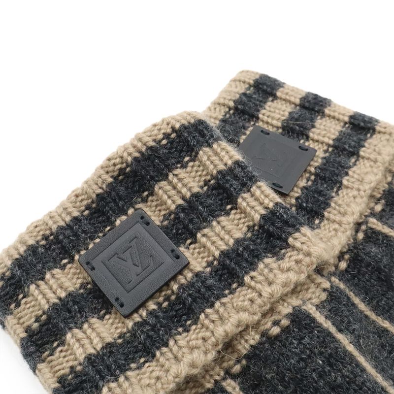 Louis Vuitton Karakoram Knit Gloves 100% Cashmere Leather Gray Beige Men's