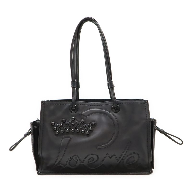 Loewe Shopper Tote Bag Shoulder Bag Shoulder Crown Studded Leather Black