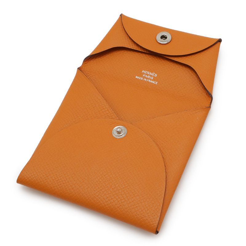 Hermes Bastia Coin Case Coin Purse Vaux Epson Leather Orange Silver Hardware
