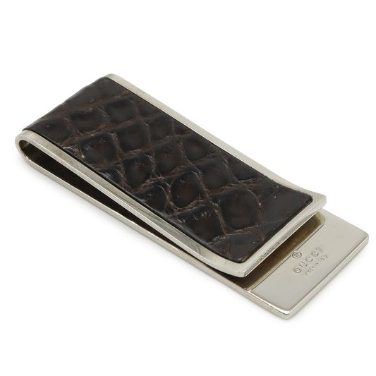 Gucci Money Clip Bill Clip Billfold Croc Shape Pressed Leather Dark Brown